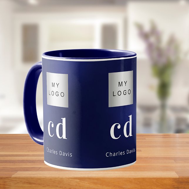 Navy blue white monogram name business logo mug (Creator Uploaded)