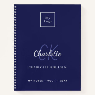 Navy blue white monogram name business logo notebook