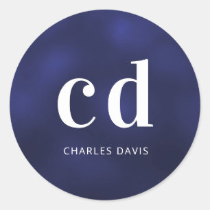 Navy blue white monogram name classic round sticker