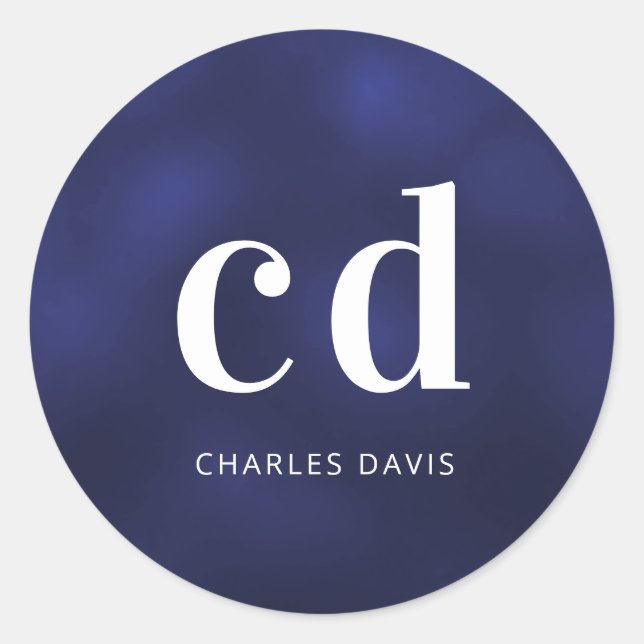 Navy blue white monogram name classic round sticker (Front)