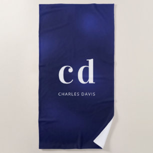 Navy blue white monogram name initials  beach towel