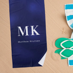 Navy blue white monogram name initials  beach towel