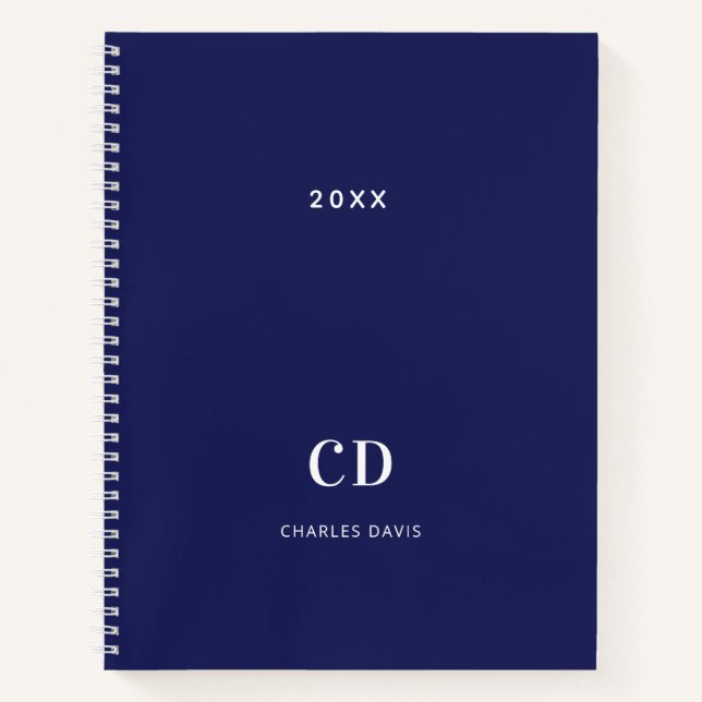 Navy blue white monogram name minimalist notebook (Front)