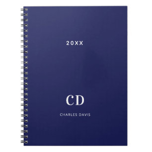 Navy blue white monogram name minimalist notebook