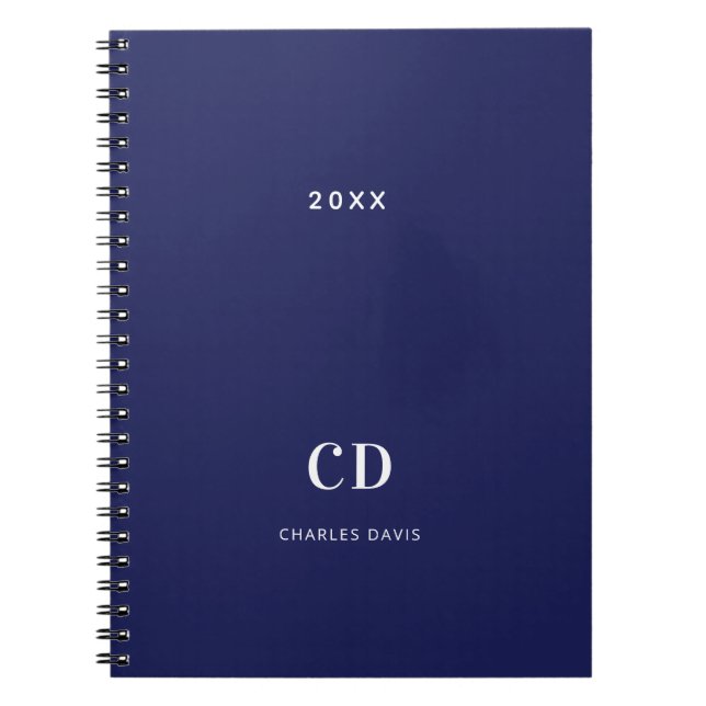 Navy blue white monogram name minimalist notebook (Front)