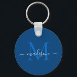 Navy Blue White Monogram Name Modern Girly Script Keychain<br><div class="desc">Simple Navy Blue White Monogram Elegant Modern Girly Script Keychain</div>