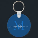 Navy Blue White Monogram Name Modern Girly Script Keychain<br><div class="desc">Simple Navy Blue White Monogram Elegant Modern Girly Script Keychain</div>