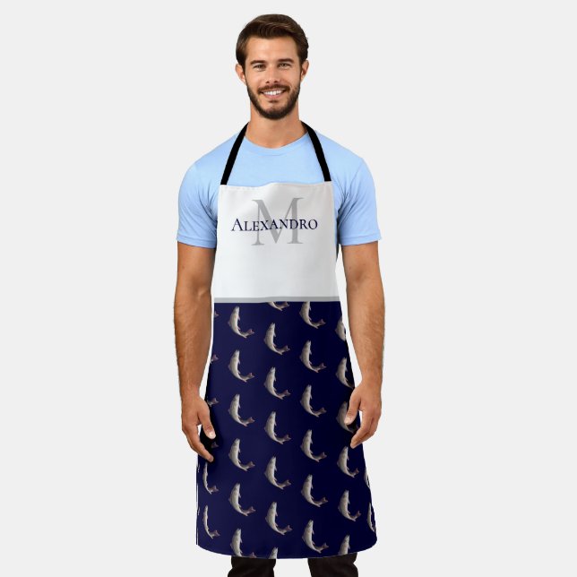 Navy Blue White Monogram name Trout pattern Apron (Worn)