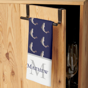 Navy Blue White Monogram name Trout pattern Kitchen Towel