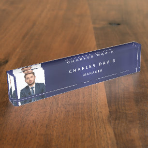 Navy blue white monogram photo minimalist business nameplate