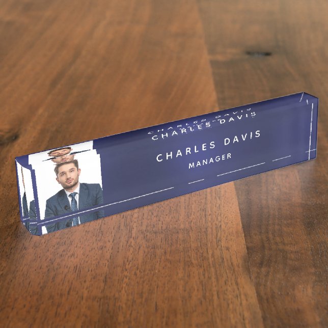Navy blue white monogram photo minimalist business nameplate (Side)