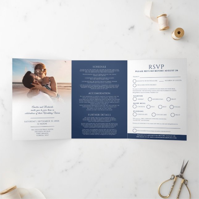 Navy blue white monogram wedding meal options RSVP Tri-Fold Invitation (Inside)