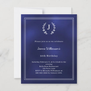 Navy blue white monogram wreath invitation