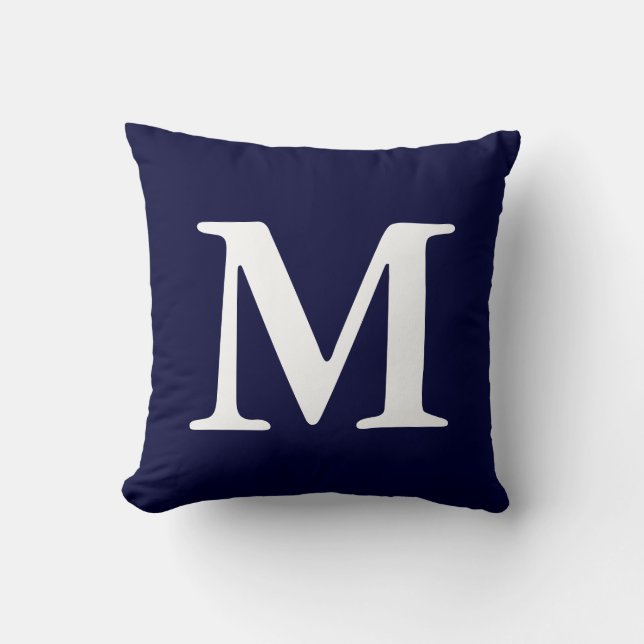 Navy Blue White Monogrammed M Throw Pillow (Front)
