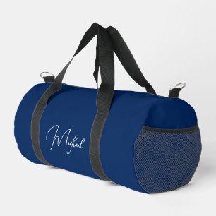 Navy Blue White Monogrammed Name Gym Sports Travel Duffle Bag