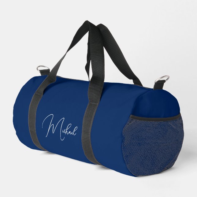 Navy Blue White Monogrammed Name Gym Sports Travel Duffle Bag (Right Corner)