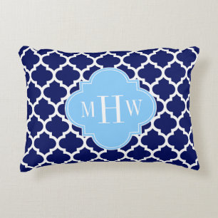 Navy Blue White Moroccan #5 Sky Blue Name Monogram Accent Pillow