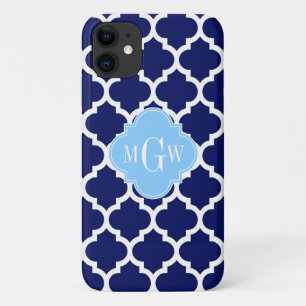 Navy Blue White Moroccan #5 Sky Blue Name Monogram iPhone 11 Case