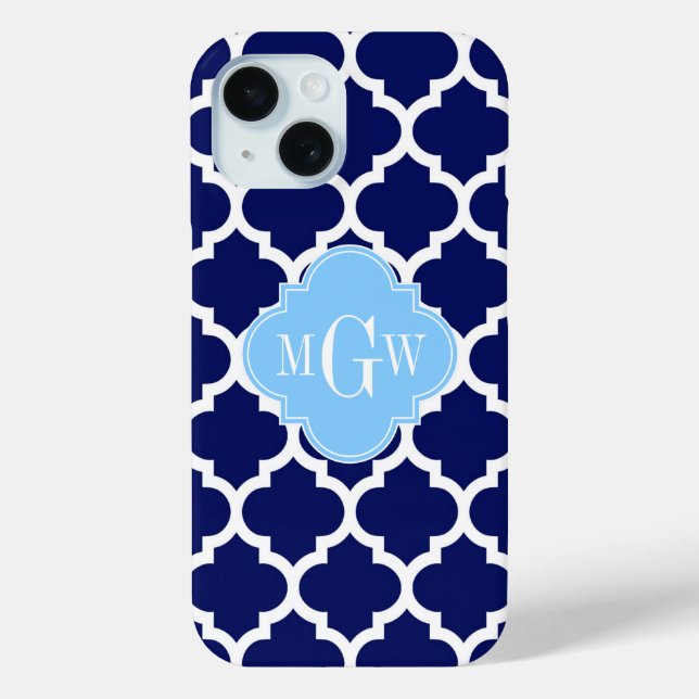 Navy Blue White Moroccan #5 Sky Blue Name Monogram Case-Mate iPhone Case (Back)