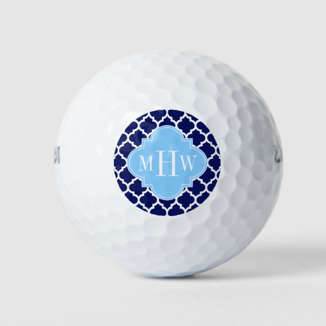 Navy Blue White Moroccan #5 Sky Blue Name Monogram Golf Balls (Front)