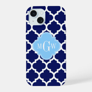 Navy Blue White Moroccan #5 Sky Blue Name Monogram iPhone 15 Case