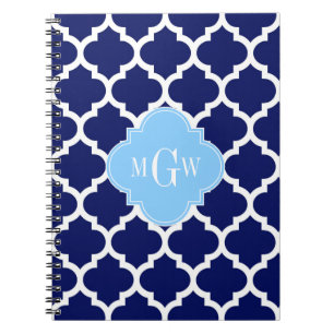 Navy Blue White Moroccan #5 Sky Blue Name Monogram Notebook