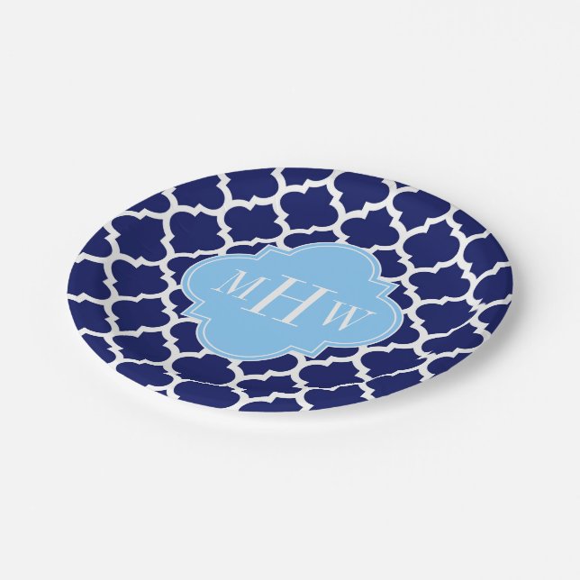 Navy Blue White Moroccan #5 Sky Blue Name Monogram Paper Plate (Angled)