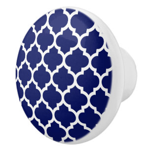 Navy Blue White Moroccan Quatrefoil Pattern #5 Ceramic Knob