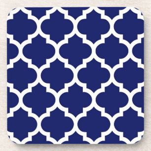 Navy Blue White Moroccan Quatrefoil Pattern #5 Coaster