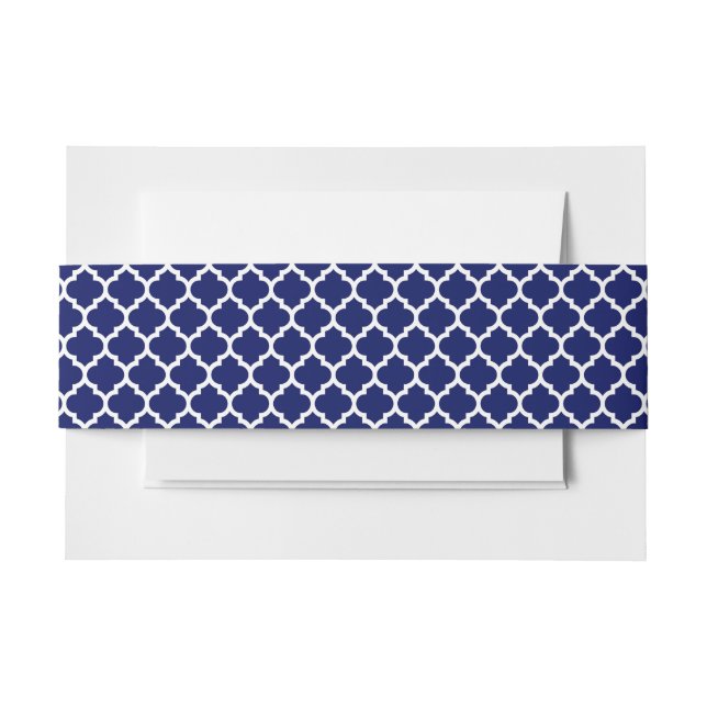 Navy Blue White Moroccan Quatrefoil Pattern #5 Invitation Belly Band (Front Example)