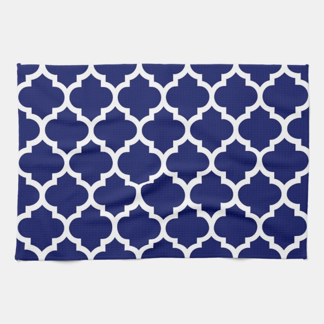 Navy Blue White Moroccan Quatrefoil Pattern #5 Kitchen Towel (Horizontal)