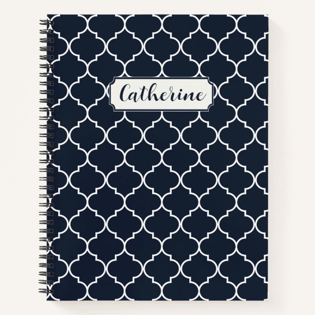 Navy Blue & White Moroccan Trellis Pattern Notebook (Front)