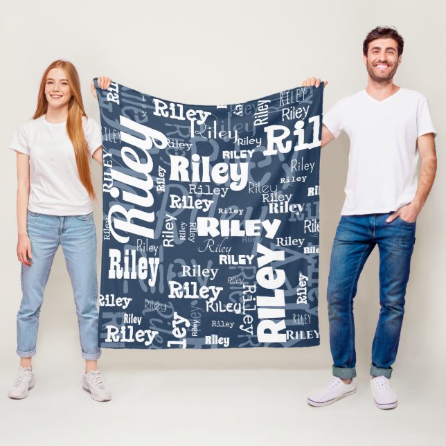 Navy Blue & White Name Pattern Personalized Fleece Blanket (In Situ)
