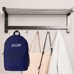 Navy blue white name printed backpack<br><div class="desc">A classic navy blue background.  Personalize and add a name,  white letters.</div>