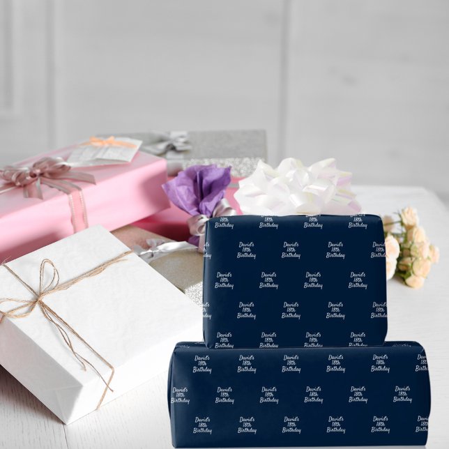 Navy blue white name script wrapping paper (Creator Uploaded)