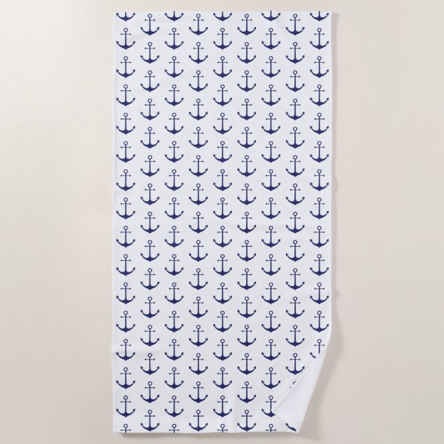 Navy Blue white nautical anchor pattern modern Beach Towel (Front)