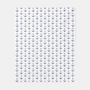 Navy Blue white nautical anchor pattern modern Fleece Blanket