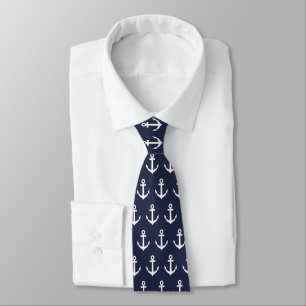 Navy blue & white nautical anchor pattern neck tie