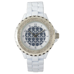 Navy Blue/White Nautical Anchor Pattern w/Numbers Watch
