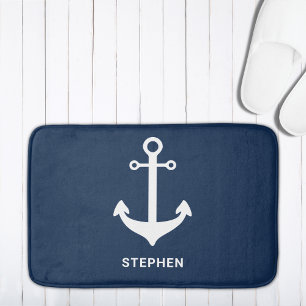Navy Blue White Nautical Anchor Personalized Bath Mat