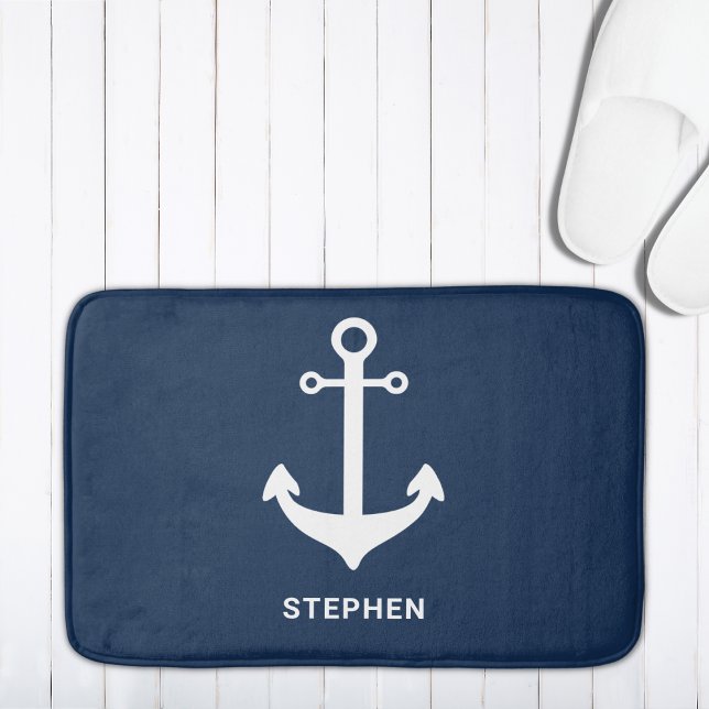 Navy Blue White Nautical Anchor Personalized Bath Mat (Creator Uploaded)