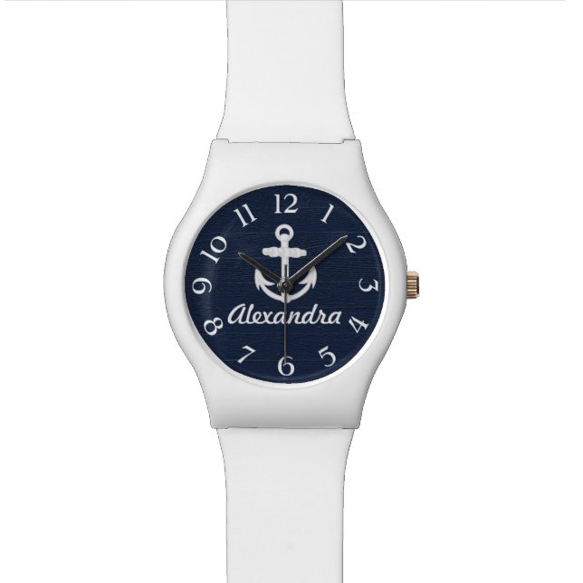 Navy Blue/White Nautical Anchor Personalized Watch (Close Up)