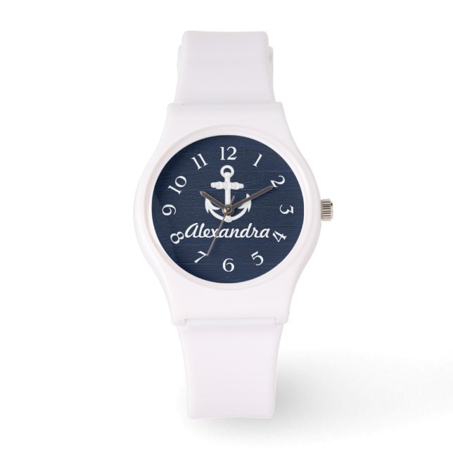 Navy Blue/White Nautical Anchor Personalized Watch (Front)