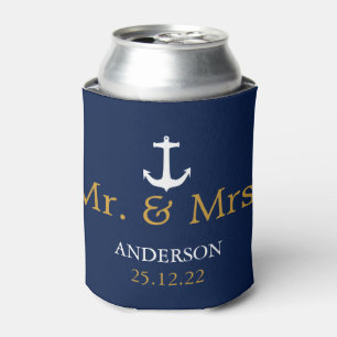 Navy Blue & White Nautical Anchor Wedding Can Cooler