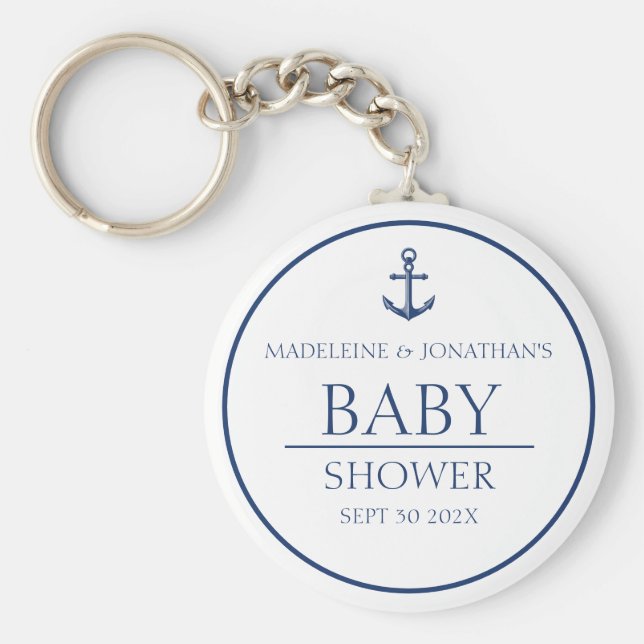 Navy Blue White Nautical Baby Shower Party Favour Keychain (Front)
