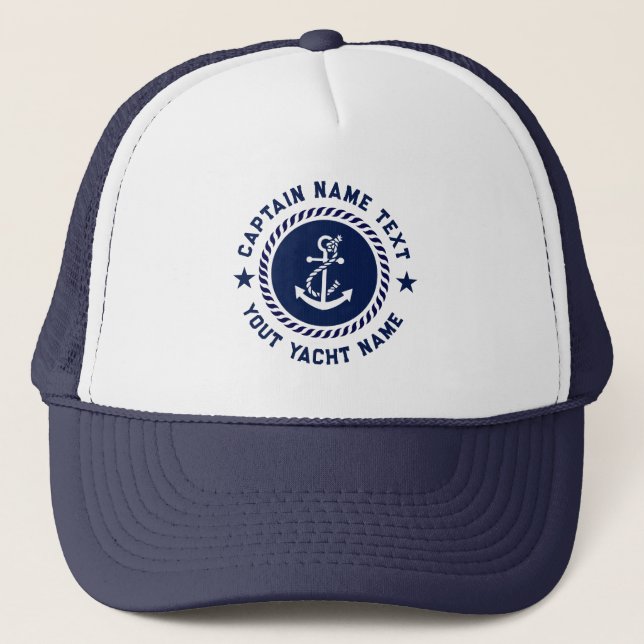 Navy Blue  White Nautical Boat Anchor Captain Name Trucker Hat (Front)