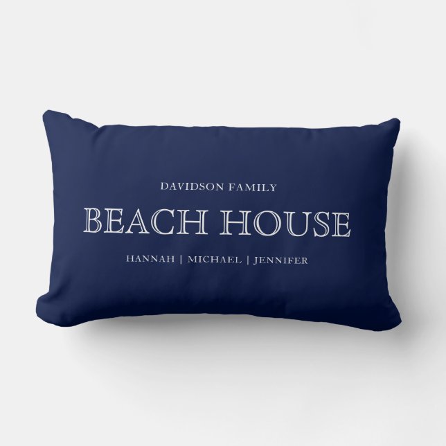 Navy Blue White Nautical Coastal Beach House Lumbar Pillow (Front)