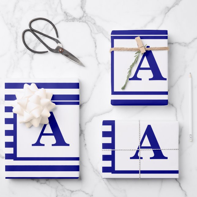 Navy Blue White Nautical Monogram Custom Christmas Wrapping Paper Sheet (Front)