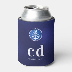 Navy blue white nautical monogram initials name can cooler