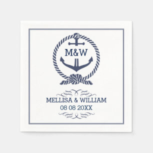 Navy Blue & White Nautical Wedding Anchor Knot Napkin